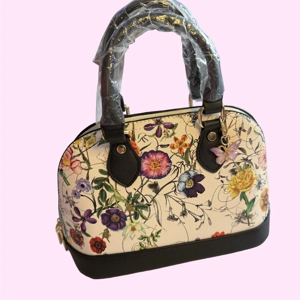 NWOT Floral Dome Satchel Handbag w/ Butterfly Charm Cream Black Structured Purse